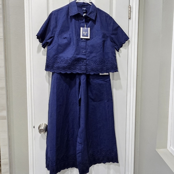 Roller Rabbit Matching Set Navy Embroidered Scallop Cropped Top Wide Pant Sz XS